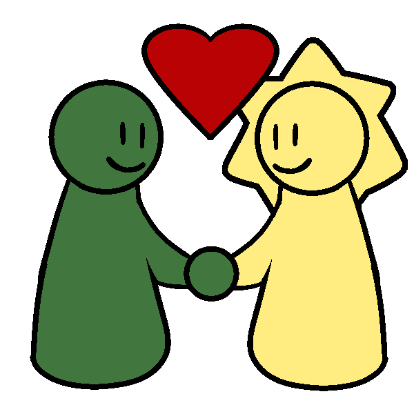 A green figure and a yellow figure with rays around their head holding hands and smiling, with a heart between them. 